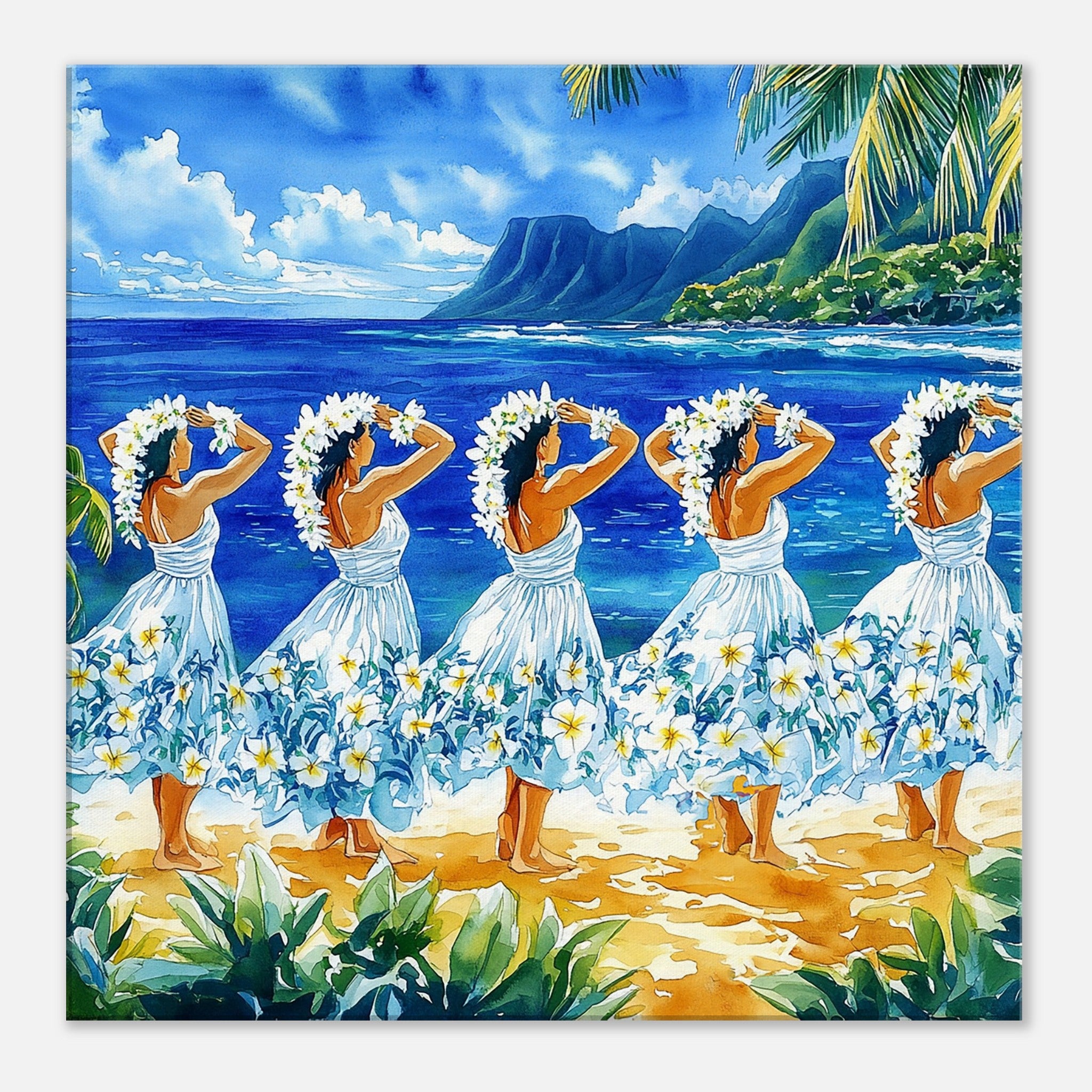 Leaf Aloha | Hawaiian Canvas Art - Hula Dancer and the Ocean in Harmony -  slim / 30x30 cm / 12x12″