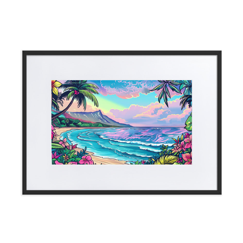 リーフアロハ ハワイアンアート 静かなビーチ 台紙＆フレーム付き 21cm x 30cm