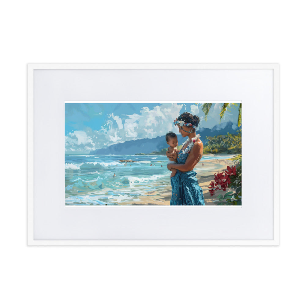 リーフアロハ ハワイアンアート 浜辺の母子 台紙＆フレーム付き 21cm x 30cm