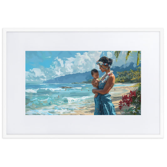 リーフアロハ ハワイアンアート 浜辺の母子 台紙＆フレーム付き 21cm x 30cm