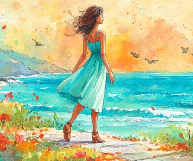 花びらが舞う中を歩く女性を描いた爽やかなアート