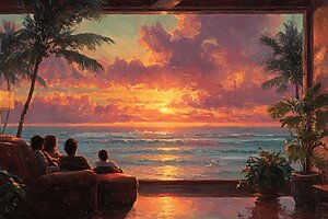 Hawaiian art of a family watching the sunset over the ocean, viewed from a tropical room with palm trees and warm lighting – Leaf Aloha