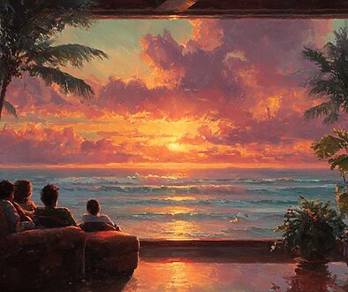 Hawaiian art of a family watching the sunset over the ocean, viewed from a tropical room with palm trees and warm lighting – Leaf Aloha