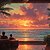 Hawaiian art of a family watching the sunset over the ocean, viewed from a tropical room with palm trees and warm lighting – Leaf Aloha
