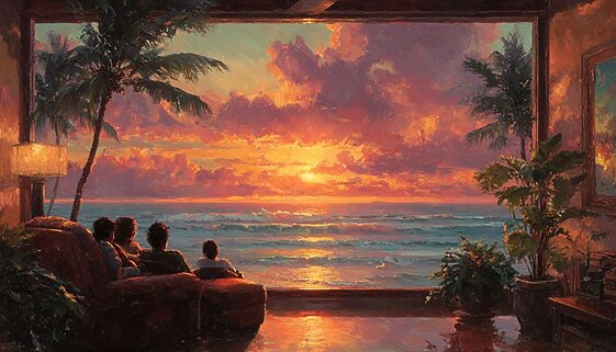 Hawaiian art of a family watching the sunset over the ocean, viewed from a tropical room with palm trees and warm lighting – Leaf Aloha