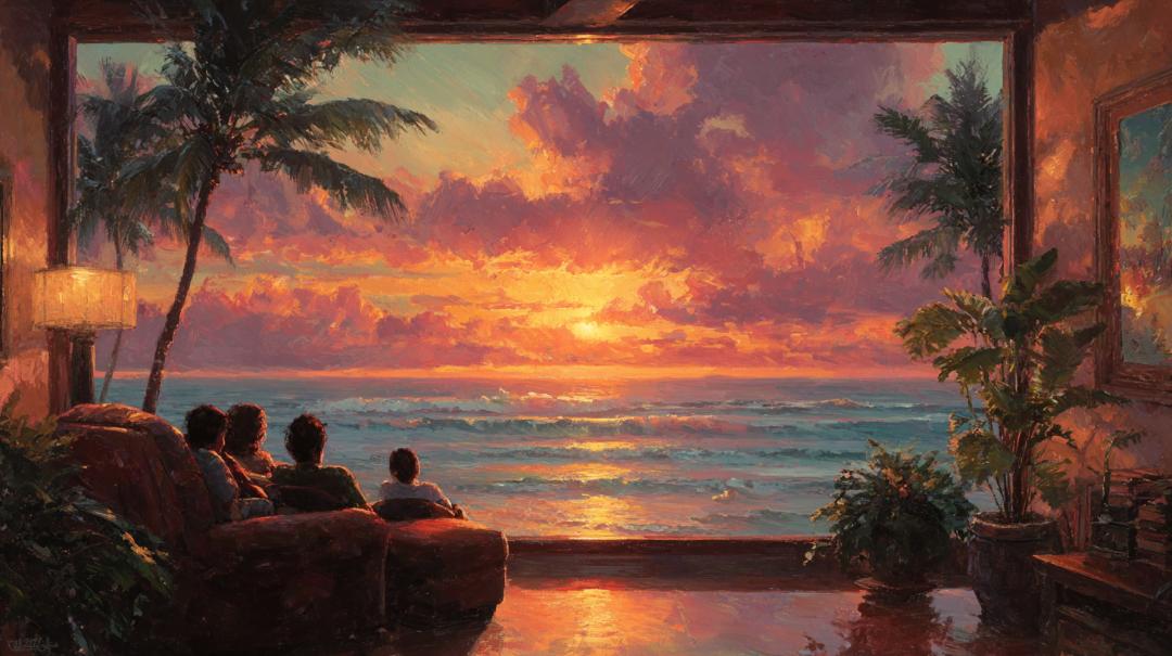 Hawaiian art of a family watching the sunset over the ocean, viewed from a tropical room with palm trees and warm lighting – Leaf Aloha