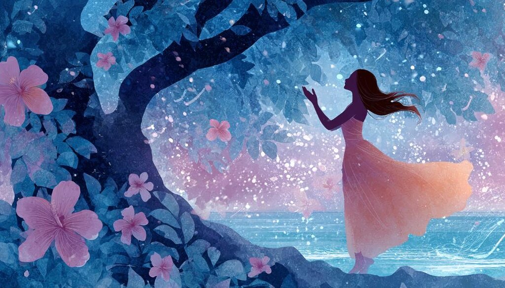 伝統的なハワイ音楽の情景 – Traditional Hawaiian music illustration