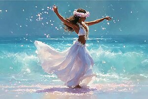 波しぶきの中で踊る女性を描いた海辺のアート