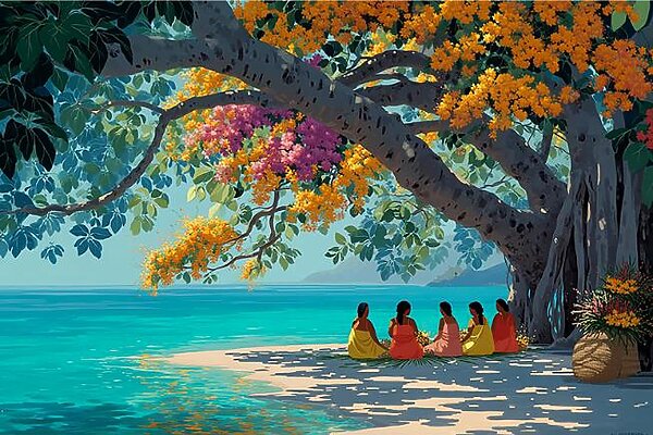 海のそばの花樹と語らいのひととき｜ハワイアンアート Leaf Aloha