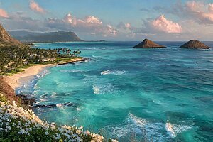 ハワイの美しい海岸線とターコイズブルーの海。断崖と白い砂浜が広がる絶景スポット。