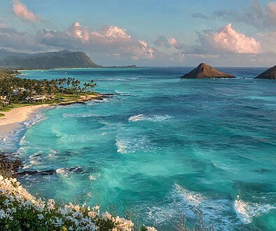 ハワイの美しい海岸線とターコイズブルーの海。断崖と白い砂浜が広がる絶景スポット。