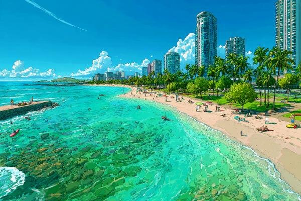 ホテルの灯り、ビーチの人影、遠くに揺れるヤシの木。 「Waikiki Sunset」は、街と海が混ざり合うハワイならではの景色を描いたシリーズ。 大人っぽい空間づくりにぴったりのコレクションです。