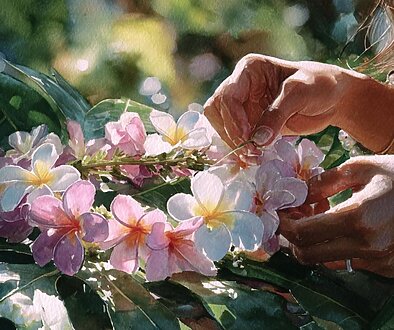 Hands that tie flowers and memories of art