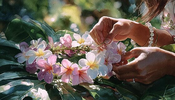 Hands that tie flowers and memories of art