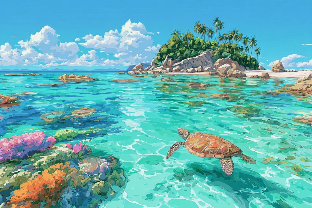 ハワイの海とウミガメのアート