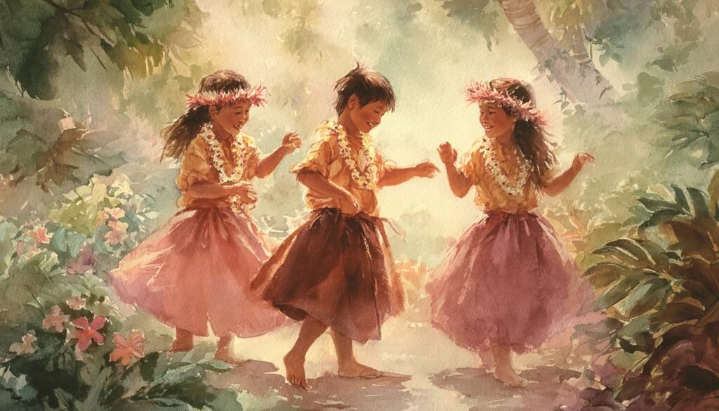 Watercolor painting of children and hula dancing