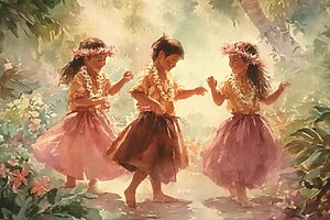 Watercolor painting of children and hula dancing