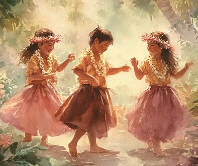 Watercolor painting of children and hula dancing