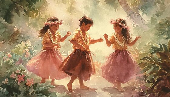 Watercolor painting of children and hula dancing