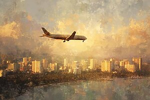 都市の空に飛ぶ飛行機を描いたトワイライトアート