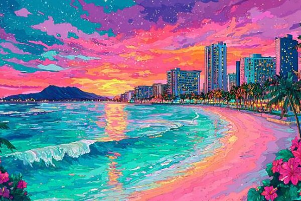 鮮やかな色彩、光をまとった海、ポップにきらめくワイキキ。「Colorful Hawaii Art」は、ハワイの景色をビビッドに描いたシリーズです。日差し・海・街のエネルギーを感じたい方におすすめ。