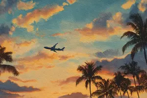 飛行機と夕暮れの空を描いた旅立ちのハワイアート