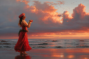 夕焼けの海で祈る女性を描いたロマンチックなハワイアート