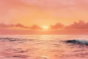 穏やかな波とオレンジ色の夕陽を描いたハワイの海のアート