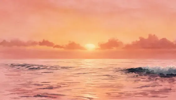 穏やかな波とオレンジ色の夕陽を描いたハワイの海のアート