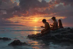 海辺で語り合う人々を描いた温かなハワイの夕景アート