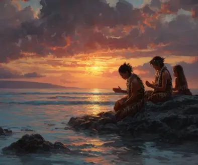 海辺で語り合う人々を描いた温かなハワイの夕景アート