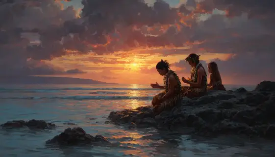 海辺で語り合う人々を描いた温かなハワイの夕景アート