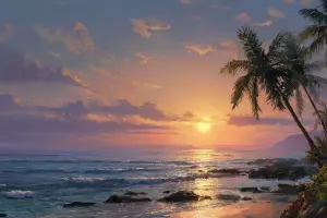 ハワイの海に沈む夕陽を描いた穏やかなサンセットアート