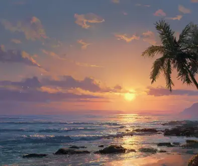 ハワイの海に沈む夕陽を描いた穏やかなサンセットアート