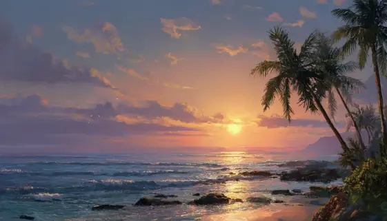 ハワイの海に沈む夕陽を描いた穏やかなサンセットアート