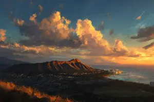 夕暮れの金色の光に染まるダイヤモンドヘッドと穏やかなハワイの空