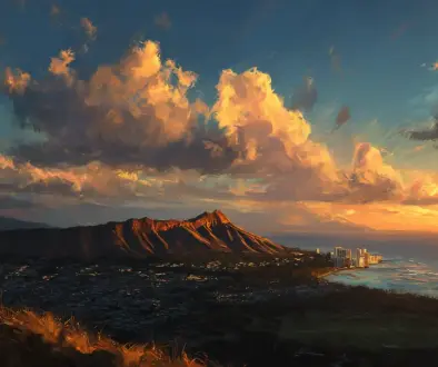 夕暮れの金色の光に染まるダイヤモンドヘッドと穏やかなハワイの空