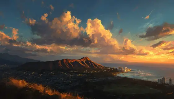 夕暮れの金色の光に染まるダイヤモンドヘッドと穏やかなハワイの空