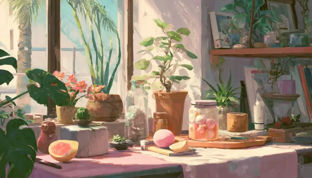 日差しが差し込む部屋に並ぶ観葉植物と果物、癒しの雑貨が置かれたやさしい日常風景