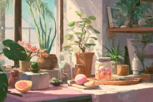 日差しが差し込む部屋に並ぶ観葉植物と果物、癒しの雑貨が置かれたやさしい日常風景