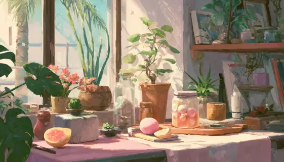 日差しが差し込む部屋に並ぶ観葉植物と果物、癒しの雑貨が置かれたやさしい日常風景