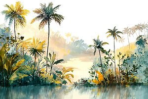 「柔らかな朝の光に包まれたハワイの森と水辺を描いた水彩アート。揺れるヤシの木と豊かな植物が調和を感じさせる癒しの風景。」