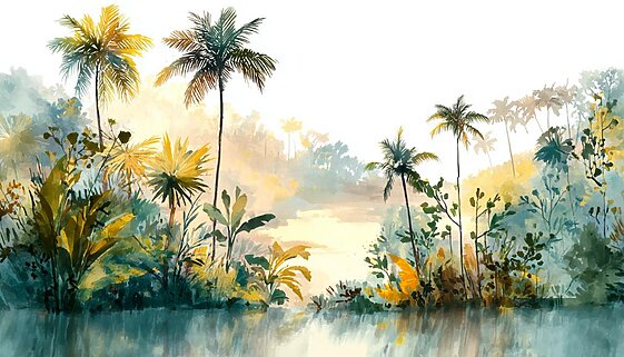 「柔らかな朝の光に包まれたハワイの森と水辺を描いた水彩アート。揺れるヤシの木と豊かな植物が調和を感じさせる癒しの風景。」