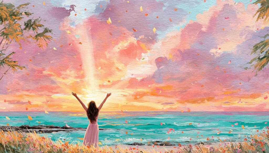 ハワイの海と森を透明水彩で描いたアート。柔らかな青い波と緑のトロピカルリーフが広がり、穏やかな光と優しい色合いが漂う、癒しのアイランド風景のイラスト。