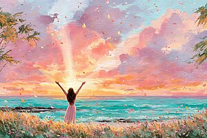 ハワイの海と森を透明水彩で描いたアート。柔らかな青い波と緑のトロピカルリーフが広がり、穏やかな光と優しい色合いが漂う、癒しのアイランド風景のイラスト。