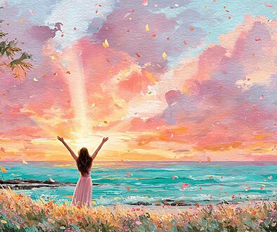 ハワイの海と森を透明水彩で描いたアート。柔らかな青い波と緑のトロピカルリーフが広がり、穏やかな光と優しい色合いが漂う、癒しのアイランド風景のイラスト。