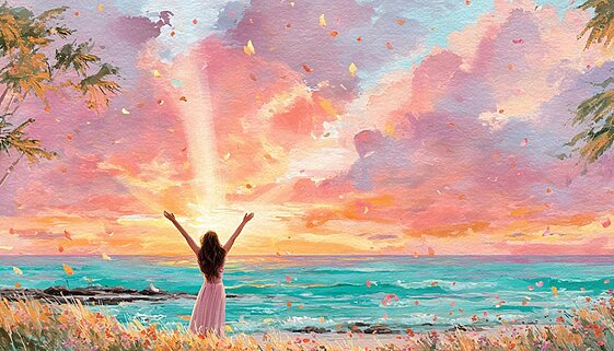 ハワイの海と森を透明水彩で描いたアート。柔らかな青い波と緑のトロピカルリーフが広がり、穏やかな光と優しい色合いが漂う、癒しのアイランド風景のイラスト。