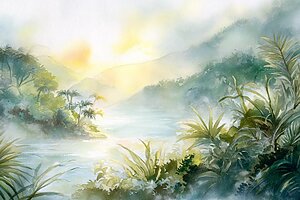 朝の光が差し込むハワイの渓谷と湖を描いた柔らかな水彩風景。緑の植物と霧に包まれた山々が静かなマナを感じさせる癒しの景色。