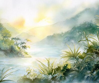 朝の光が差し込むハワイの渓谷と湖を描いた柔らかな水彩風景。緑の植物と霧に包まれた山々が静かなマナを感じさせる癒しの景色。