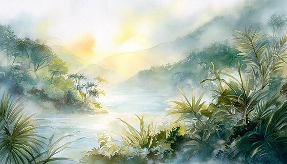 朝の光が差し込むハワイの渓谷と湖を描いた柔らかな水彩風景。緑の植物と霧に包まれた山々が静かなマナを感じさせる癒しの景色。